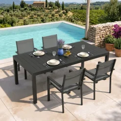 Set tavolo da giardino allungabile 200/300cm antracite + 4 sedie con braccioli quadrati antracite Brezza