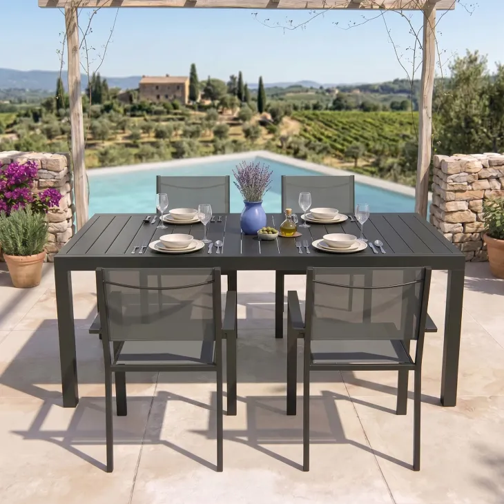 Set tavolo da giardino allungabile 200/300cm antracite + 4 sedie con braccioli quadrati antracite Brezza