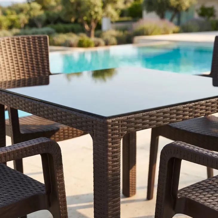 Set tavolo da giardino esterno dehors 90x90cm + 4 sedie effetto rattan marrone Solas