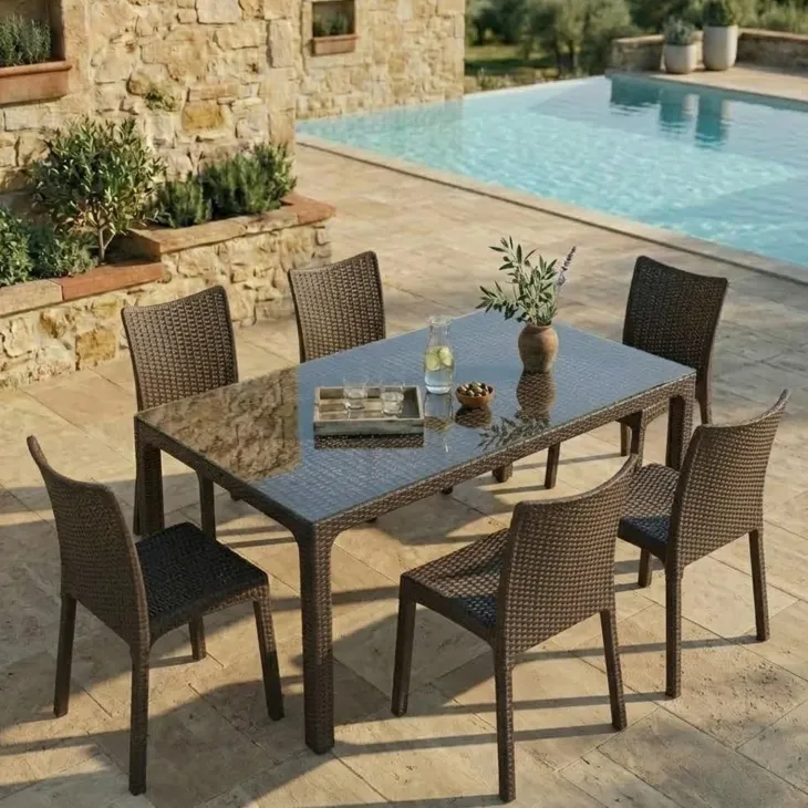 Set tavolo da giardino esterno bar dehors rettangolare 150x90cm + 6 sedie effetto rattan marrone Conchiglia