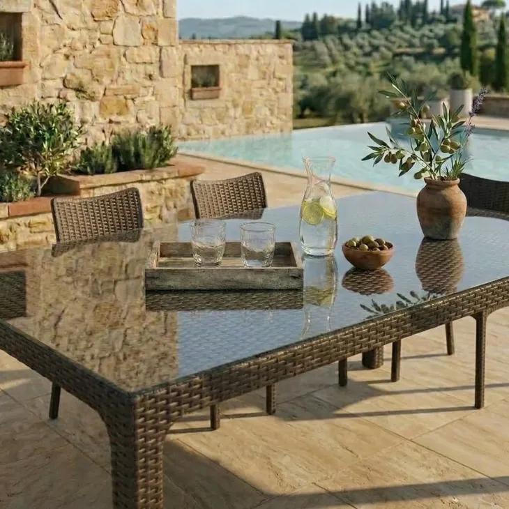 Set tavolo da giardino esterno bar dehors rettangolare 150x90cm + 6 sedie effetto rattan marrone Conchiglia
