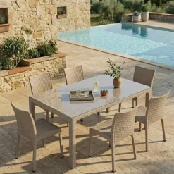 Set tavolo da giardino esterno bar dehors rettangolare 150x90cm + 6 sedie effetto rattan tortora Conchiglia