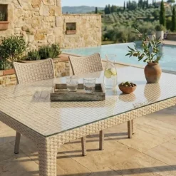 Set tavolo da giardino esterno bar dehors rettangolare 150x90cm + 6 sedie effetto rattan tortora Conchiglia