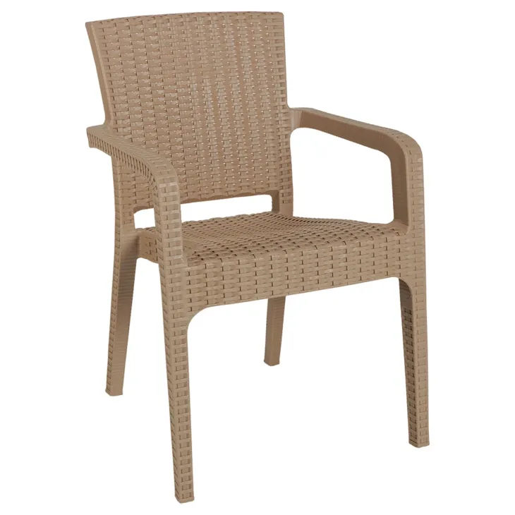 Set tavolo da giardino esterno bar dehors 150x90cm + 6 sedie con braccioli effetto rattan tortora Bora