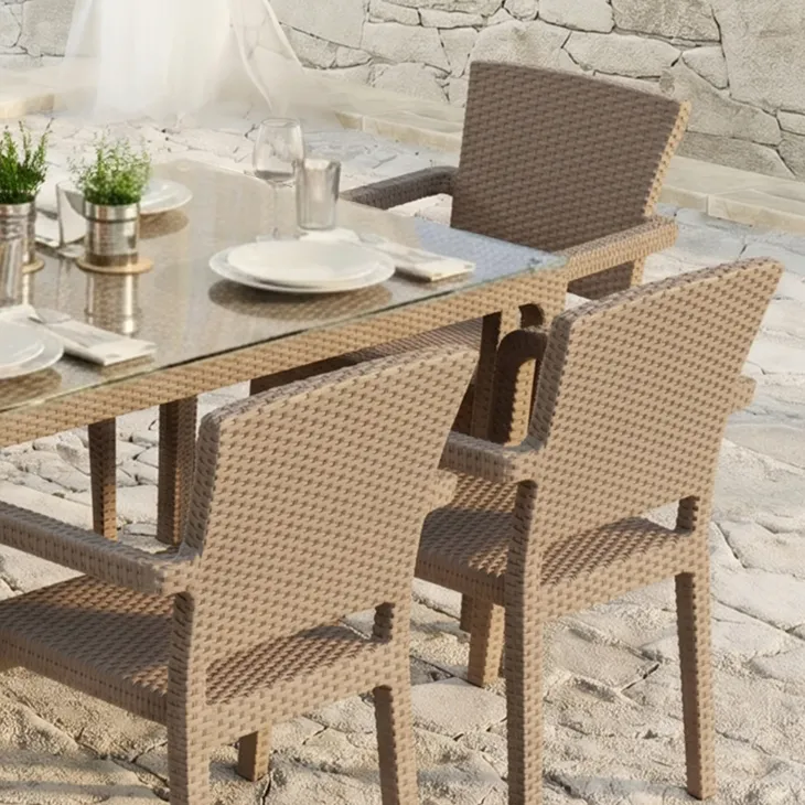 Set tavolo da giardino esterno bar dehors 150x90cm + 6 sedie con braccioli effetto rattan tortora Bora