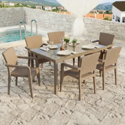 Set tavolo da giardino esterno bar dehors 150x90cm + 6 sedie con braccioli effetto rattan tortora Bora