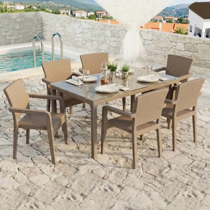 Set tavolo da giardino esterno bar dehors 150x90cm + 6 sedie con braccioli effetto rattan tortora Bora