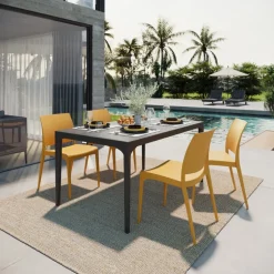 Set tavolo da giardino esterno dehors 150x90 cm antracite + 4 sedie giallo senape Coral
