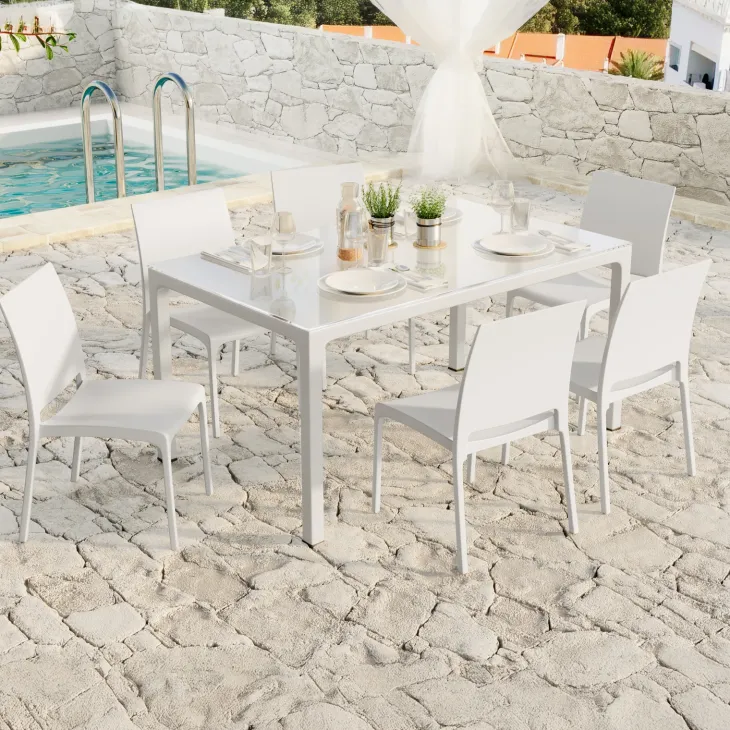Set tavolo da giardino esterno dehors con vetro 150x90 cm bianco + 6 sedie bianco Ivy