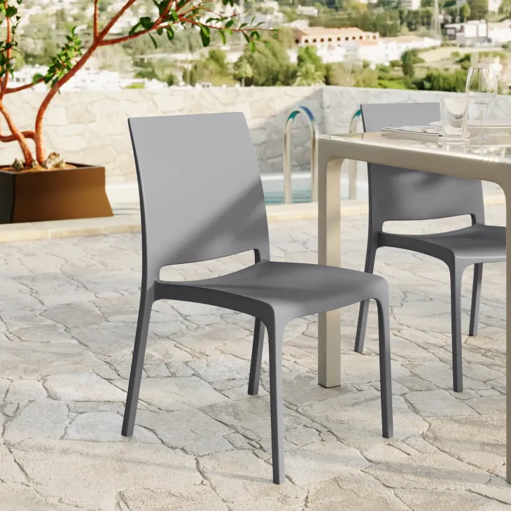 Set tavolo da giardino esterno dehors con vetro 150x90 cm bianco + 6 sedie grigio Ivy