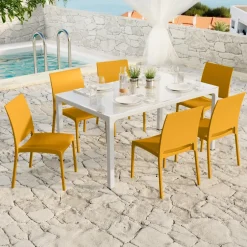 Set tavolo da giardino esterno dehors con vetro 150x90 cm bianco + 6 sedie giallo senape Ivy