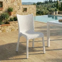 Set tavolo da giardino esterno bar dehors rettangolare 150x90cm + 6 sedie effetto rattan bianco Conchiglia