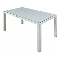 Set tavolo da giardino esterno bar dehors rettangolare 150x90cm + 6 sedie effetto rattan bianco Conchiglia