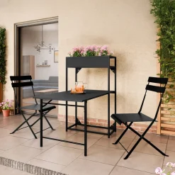 Set tavolo da giardino 2 sedie con fioriera nero Marin