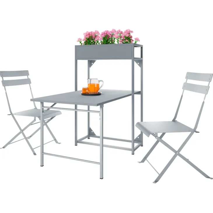 Set tavolo da giardino 2 sedie con fioriera grigio Marin
