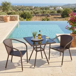 Set tavolo in vetro 70x70cm + 2 sedie da giardino in rattan marrone Cubby