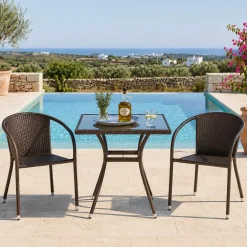 Set tavolo in vetro 70x70cm + 2 sedie da giardino in rattan marrone Cubby