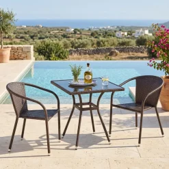Set tavolo in vetro 70x70cm + 2 sedie da giardino in rattan marrone Cubby
