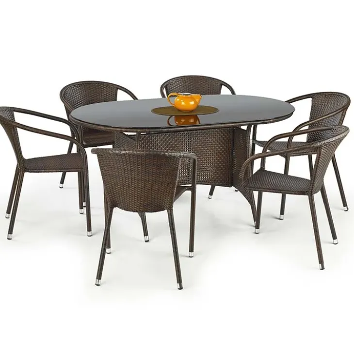 Set tavolo in vetro 150x90cm + 6 sedie da giardino in rattan marrone acciaio cromato Cubby