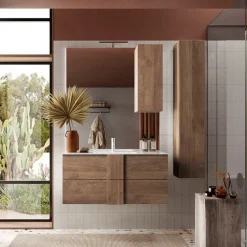 Specchiera 100x110cm bagno con led e pensile rovere scuro Alvarez