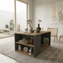 Tavolino da salotto con ripiani 90x59cm antracite rovere rustico Luzon
