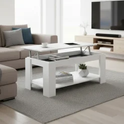 Tavolino da salotto contenitore 100x50cm con piano elevabile bianco Charlotte