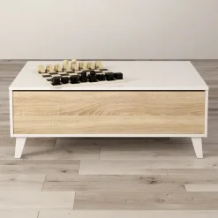 Tavolino da salotto contenitore 100x68cm design elevabile bianco rovere Ines