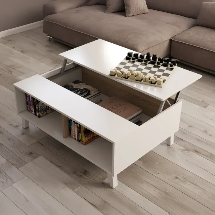 Tavolino da salotto contenitore 100x68cm design elevabile bianco rovere Ines