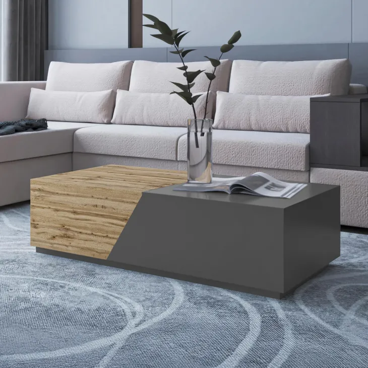 Tavolino da salotto contenitore 124x60cm apribile rovere antracite Modesta