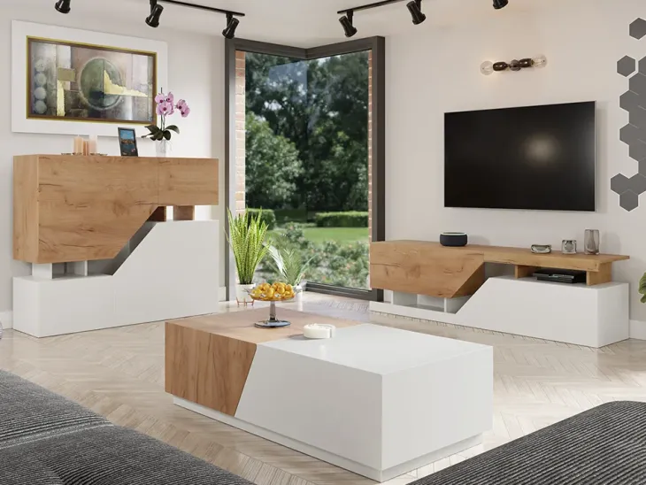 Tavolino da salotto contenitore 124x60cm apribile rovere bianco Modesta