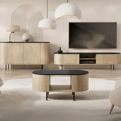 Tavolino da salotto ovale 100x52cm rovere effetto marmo nero Roundi
