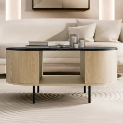 Tavolino da salotto ovale 100x52cm rovere effetto marmo nero Roundi