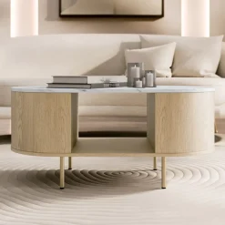 Tavolino da salotto ovale 100x52cm rovere effetto marmo bianco Roundi