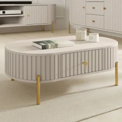 Tavolino da salotto ovale 100x52cm cannettato 1 cassetto beige cashmere Zurik