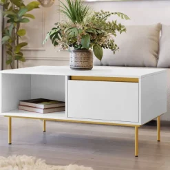 Tavolino da salotto 100x60cm 1 anta bianco oro Praga