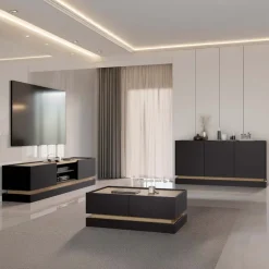 Tavolino da salotto 97x60cm 4 ante a ribalta nero rovere Rhea