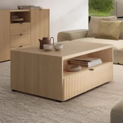 Tavolino da salotto 100x65cm cannettato 1 cassetto rovere Sally