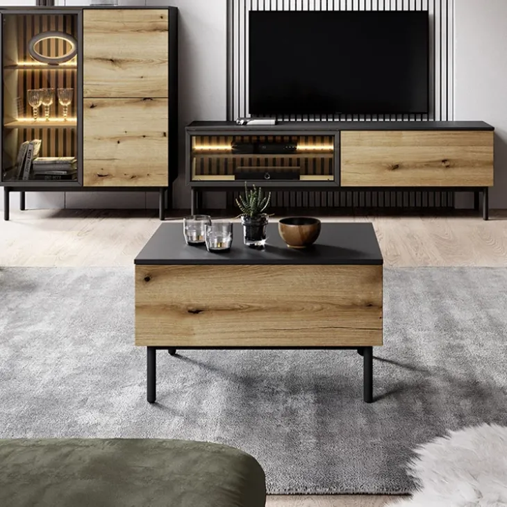 Tavolino da salotto 80x60cm 1 cassetto nero opaco rovere Amel