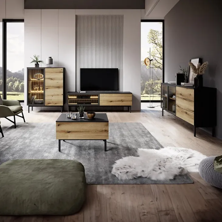 Tavolino da salotto 80x60cm 1 cassetto nero opaco rovere Amel