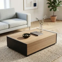 Tavolino da salotto 110x77 cm 2 cassetti con design cannettato rovere nero frassinato Norcia