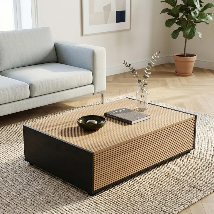 Tavolino da salotto 110x77 cm 2 cassetti con design cannettato rovere nero frassinato Norcia