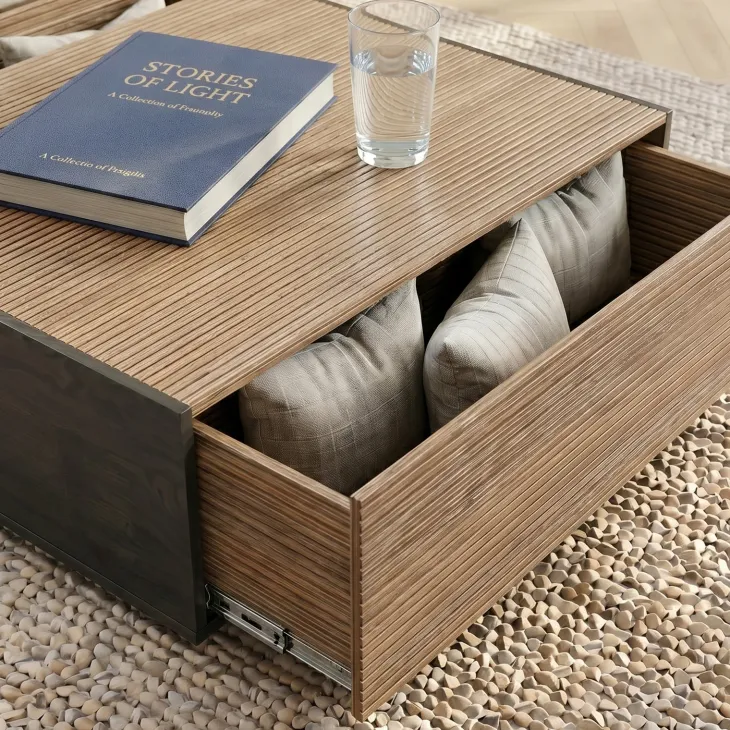 Tavolino da salotto 110x77 cm 2 cassetti con design cannettato rovere nero frassinato Norcia