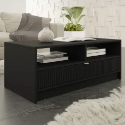 Tavolino da salotto 100x45cm con cassetto cannettato nero Athena