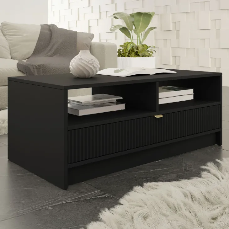 Tavolino da salotto 100x45cm con cassetto cannettato nero Athena