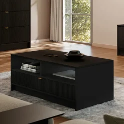 Tavolino da salotto 100x45cm con cassetto cannettato nero Athena