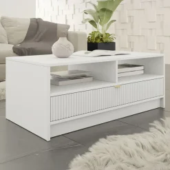 Tavolino da salotto 100x45cm con cassetto cannettato bianco Athena