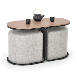 Tavolino da salotto 88x43cm con pouf in tessuto noce grigio nero Duchessa