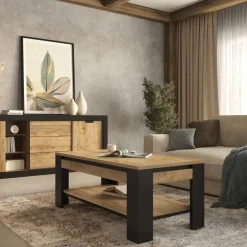 Tavolino da salotto 120x60cm moderno rovere rustico nero Ilyssa