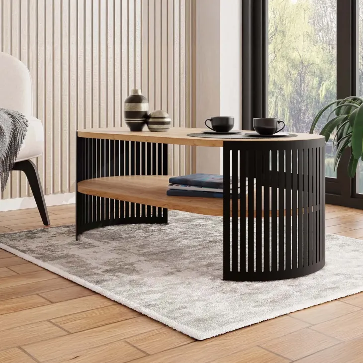 Tavolino da salotto 100x50cm ovale con ripiano rovere nero Elisera