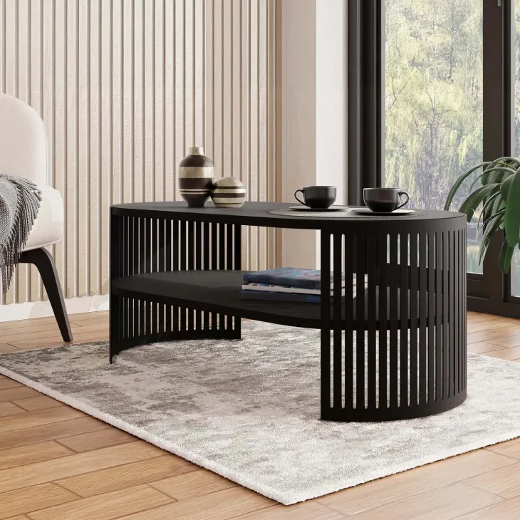 Tavolino da salotto 100x50cm ovale con ripiano nero Elisera
